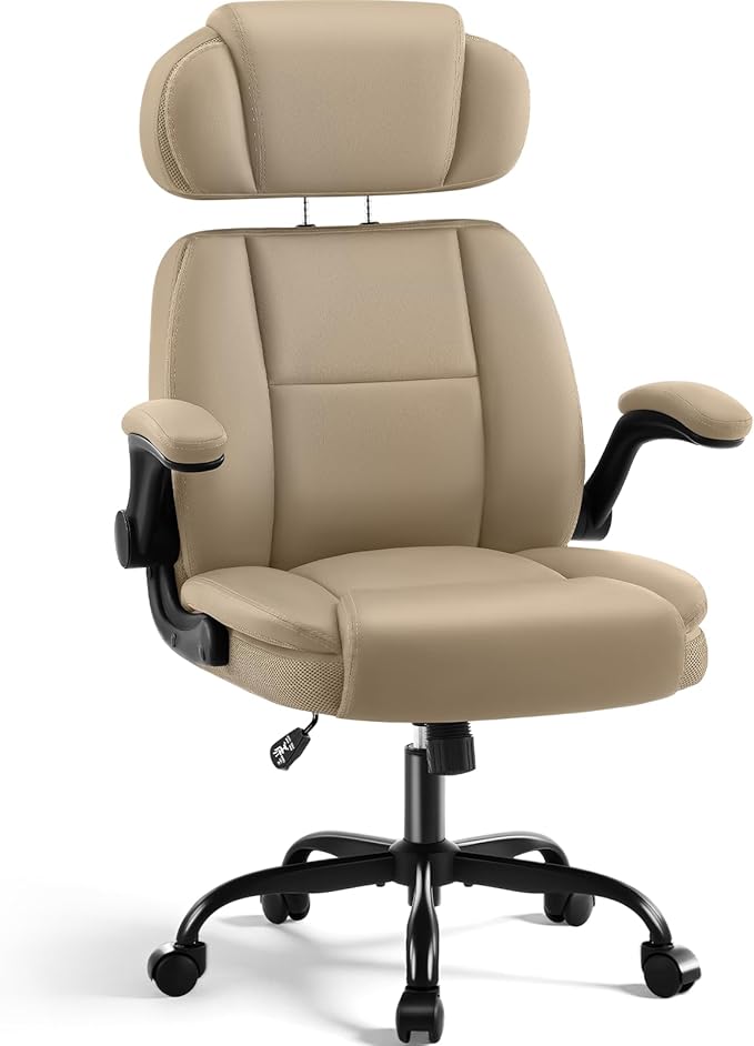 AreShark Ergonomic Office Chair with Lumbar Support, 400lbs Heavy Duty Big and Tall Executive Desk Chair, PU Leather High Back Computer Chair with Flip-Up Arms & Adjustable Headrest, Khaki
