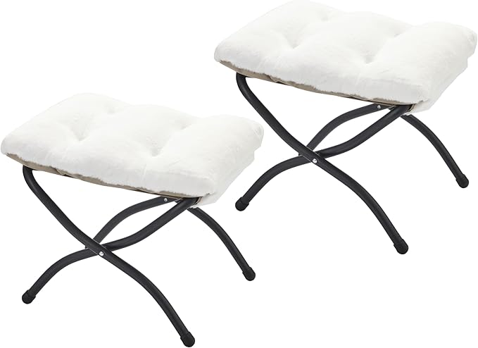 15"(H) Folding Ottoman, Set of 2, Foldable Footrest Stool, Small Foot Stool for Couch, Collapsible Foot Rest Ottoman for Sofa, Accent Padded Ottomans for Living Room, Bedroom, White