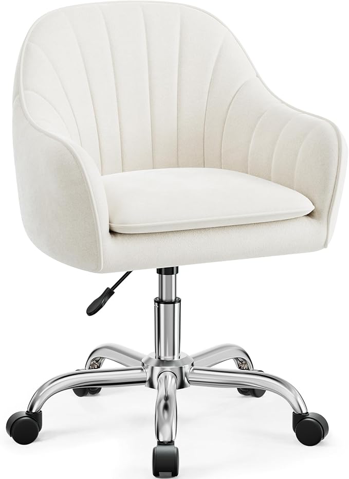 Vanity Chair with Wheels, Comfy Home Office Desk Chairs Adjustable Modern Velvet Makeup Vanity Chairs for Bedroom Living Room-Beige