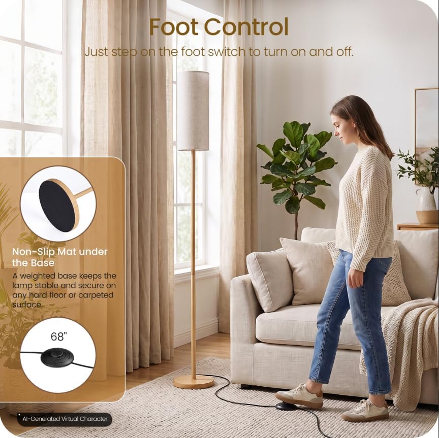 Wooden Textured Tall Slim Floor Lamp for Living Room with Remote and Foot Switch, Dimmable Mood Lamp for Bedroom Nursery, 3 Color Temperatures, 1-Hour Timer, 900LM LED Bulb Included, White XW06LD05W1