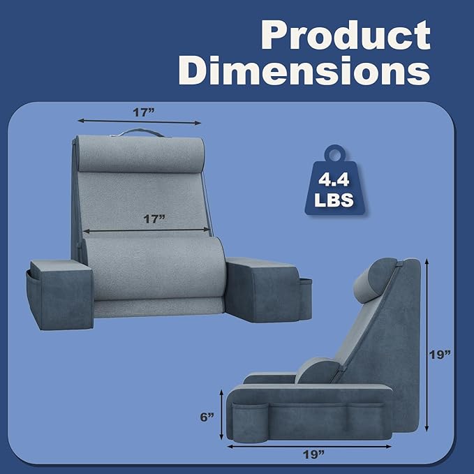 Reading Pillow, Back Pillow for Bed with Adjustable Headrest & Independent Lumbar Support, Detachable Armrest Sit Up Pillow for Bed, Dual Side Storage Pockets for Reading Gaming Nursing Sofa and Dorm