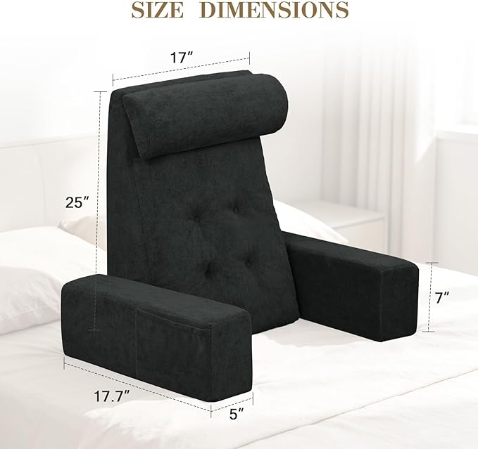 Back Pillow for Bed Sitting Up, Upright Pillows for Sleeping & Lumbar Relief, Dual-Layer Back Support Pillow with Adjustable Headrest, Black