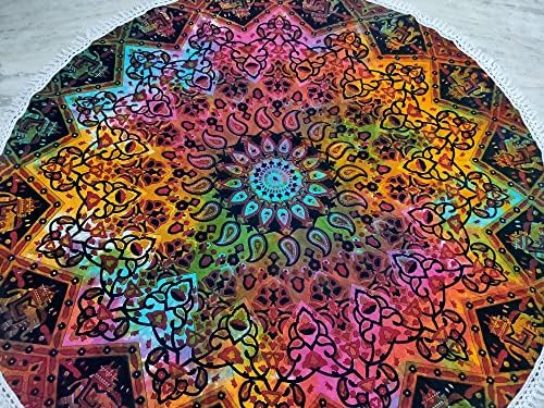 Round Beach Tapestry Turquoise Mandala Throw/Boho Hippie Beach Blanket Roundie/Indian Cotton Bohemian Large Round Table Cloth-Home Decor/Yoga Mat Meditation Picnic Rug (70", Multi Blue)