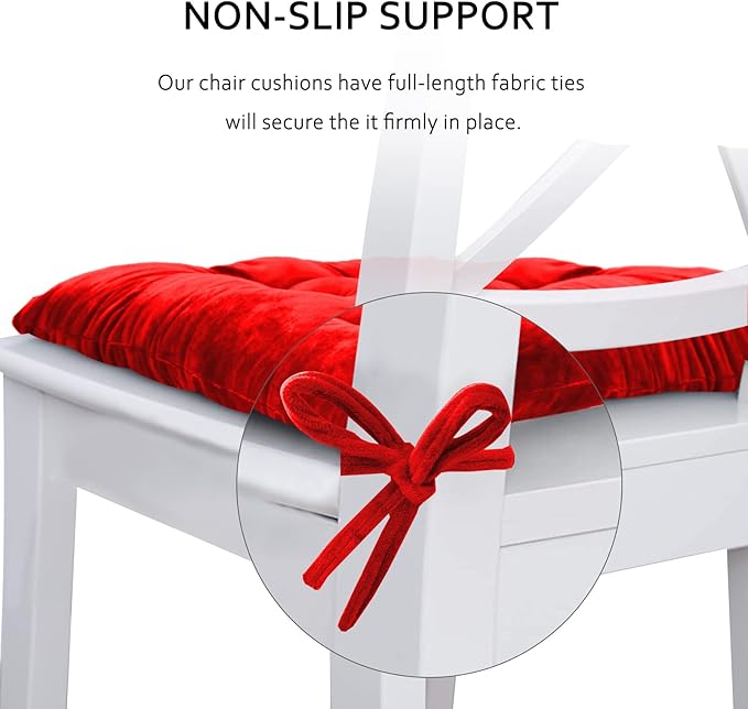 ELFJOY 4 Pack Chair Cushions for Dining Chairs Chair Pads Cushion for Kitchen Office Tufted Square Seat Cushion with Ties (16" Red Velvet)