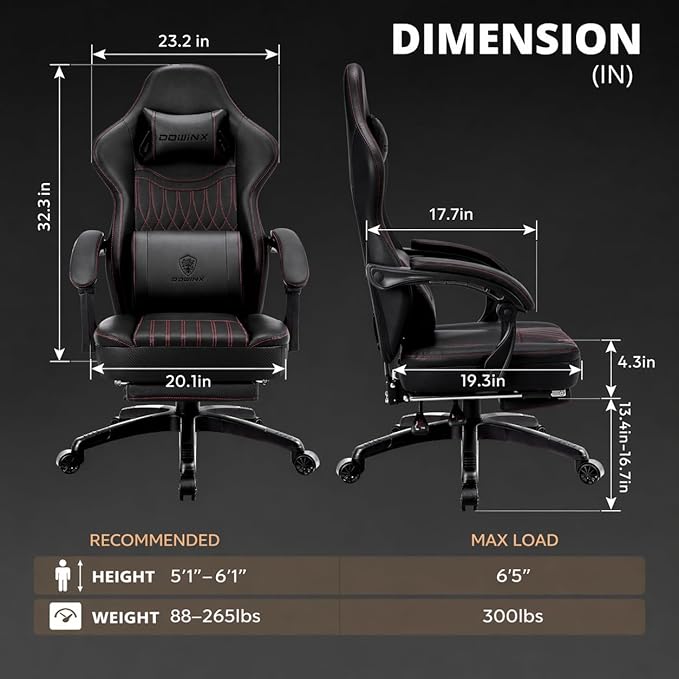 Dowinx Gaming Chair Breathable PU Leather Gamer Chair with Footrest Massage Lumbar Support, Big and Tall Ergonomic Reclining Computer Chair with Pocket Spring Cushion for Adults Teens(Black)