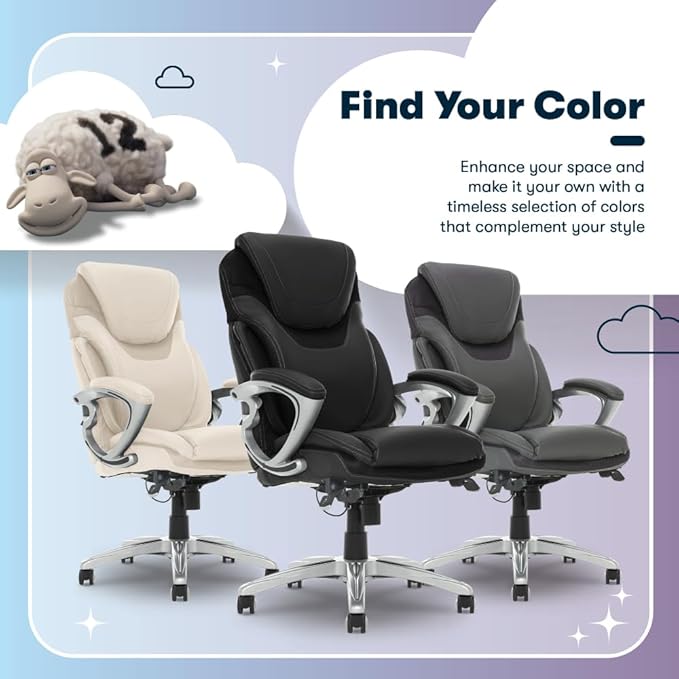 Serta Bryce Executive Office Chair, Ergonomic Computer Desk Chairs with Patented AIR Lumbar Support, Comfy Body Pillows, Height Adjustable, Swivel Base with Wheels, Bonded Leather, Black