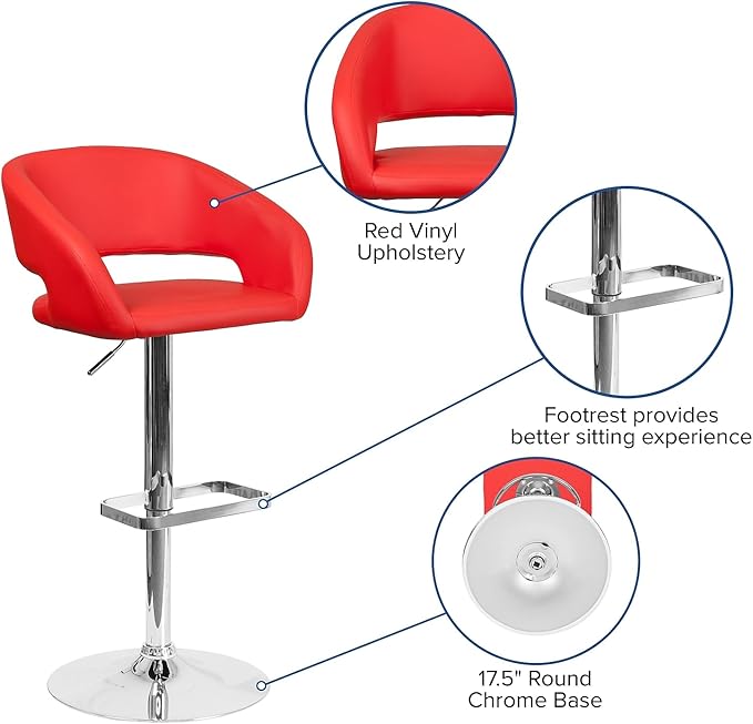 Flash Furniture Erik Comfortable & Stylish Contemporary Barstool with Rounded Mid-Back and Foot Rest, Adjustable Height - Red Vinyl with Chrome Base