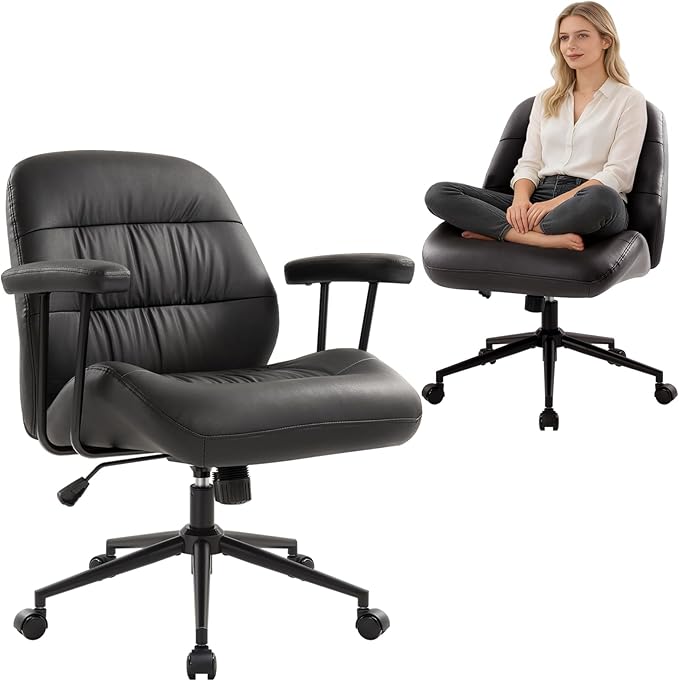 IWMH Leather Office Chair with Removable Armrests，Mid-Back Ergonomic Desk Chair with Lumbar Support，Adjustable Height 360° Swivel Executive Task Chairs for Home Office (Black)