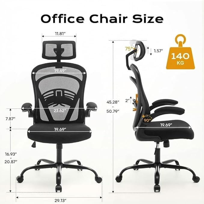 Ergonomic Mesh Office Chair, High Back Desk Chair with Adjustable Lumbar Support & Headrest, Flip-Up Armrests, 300 Lbs Capacity, Swivel Rocking Computer Chair for Home Office Study Bedroom Black
