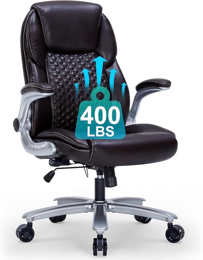 Big and Tall Office Chair, Ergonomic Desk Chair with Flip-up Arms, PU Leather Office Chair for Home Office, Computer Chair with Adjustable Lumbar Support, Space Saving Executive Task Chair