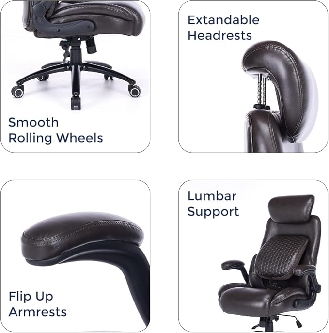 Q-Seat Office Chair with 5-Level Lumbar Adjustment | Recline & Relax Function | Heavy Duty Ergonomic Desk High Back Executive Chair | Flip-up Armrest | Adjustable Headrest | Dark Brown