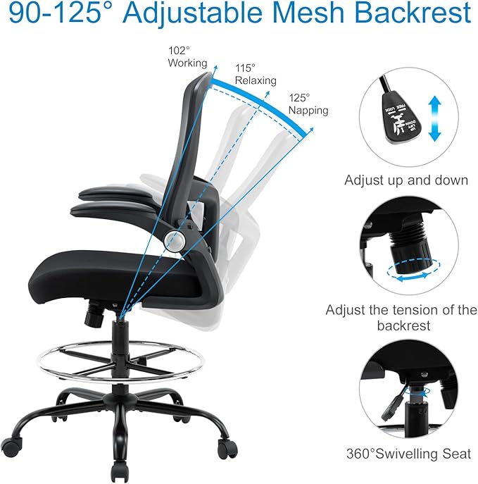 Drafting Chair,Tall Office Chair, Ergonomic Standing Desk Chair with Flip-up Armrests,Mid-Back Counter Height Computer Task Chair with Lumbar Support and Adjustable Footrest Ring,Black