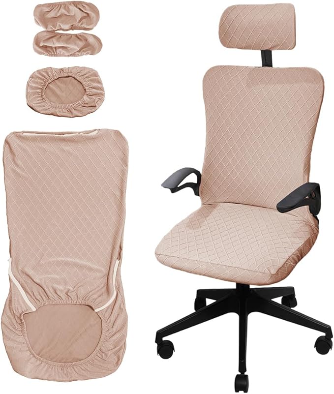 Ergonomic Office Chair Covers Set with Headrest Cover Stretch Desk Computer Chair and Headrest Slipcovers Washable Protector Slipcovers for Swivel Computer Chair 4 Pieces Camel