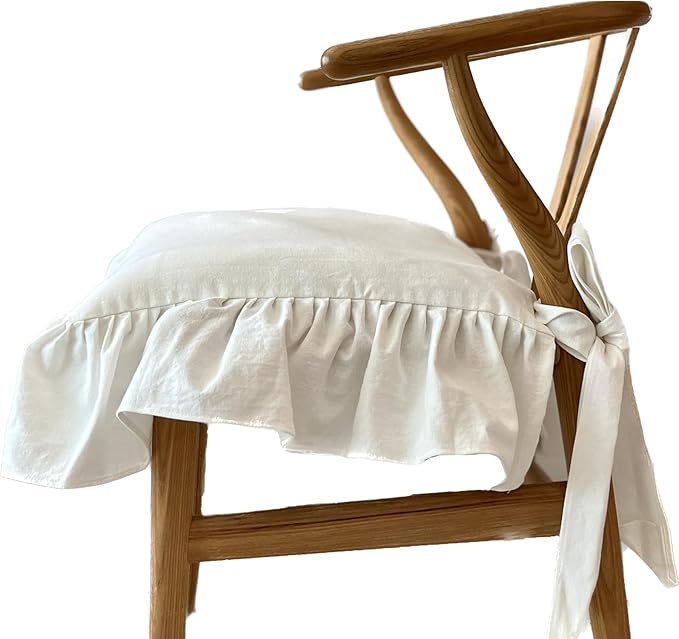 Korean Made Chair Pad Slipcover 17.5'x17.5' Chair Cushion Cover Ties with Ruffle Farmhouse Decor Covers Only, Gift for Mom (Solid White) Stocking Stuffer