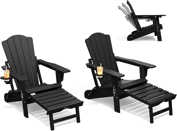 THOEOE Adjustable Adirondack Chair with Retractable Ottoman, HDEP Folding Adirondack Chairs with Footrest 2-in-1 Cup Holder, All Weather Outoor Fire Pit Chair with Foot Rest Set 2 Black