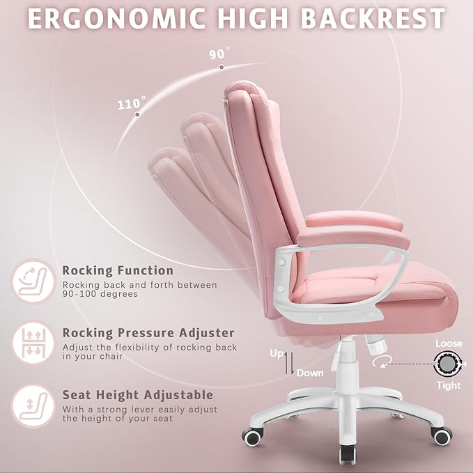 LEMBERI Office Desk Chair, Managerial Executive Chair, High Back Computer Chair, Ergonomic Height Adjustable PU Leather Chairs with Padded Armrest for Long Time Sitting, Pink