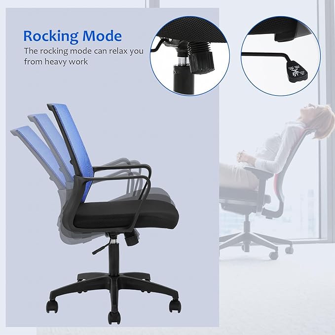 Office Chair Ergonomic Desk Task Chair Mesh Computer Chair Mid-Back Mesh Home Office Swivel Chair Modern Executive Chair with Wheels Armrests Lumbar Support (Blue)