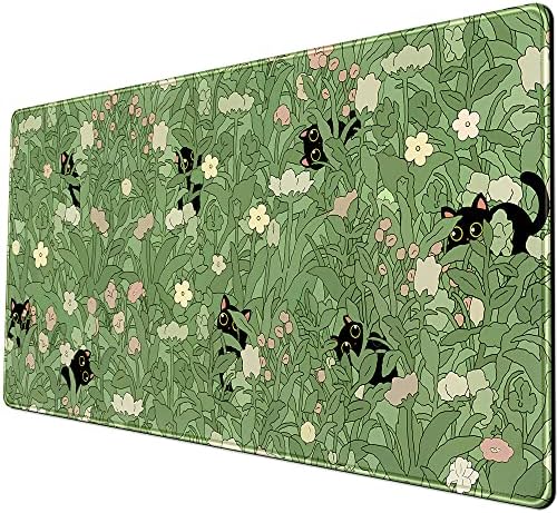 YKJWW Green Desk Mat Cat Cute Flower Plant Cool Desk Pad XXL Keyboard Mat