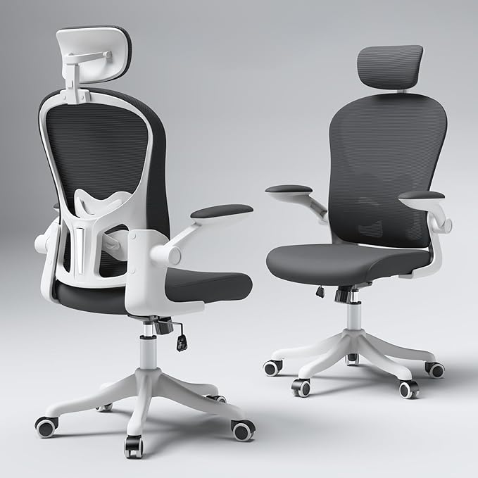 Mesh Office Chair with Adjustable Lumbar Support and Headrest, Ergonomic High Back Task Chair for Home Office, Flip-Up Arms 90-120° Tilt Lock Rolling Swivel Work Chairs (White-Black6065)
