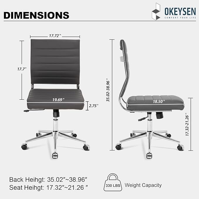 Okeysen Armless Office Desk Chair, Mid Back Leather Conference Room Chairs Without Armrests, Modern Office Chair Ribbed.