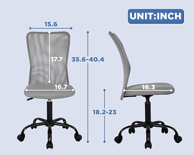 FDW Home Office Chair Mid Back Mesh Desk Chair Armless Computer Ergonomic Task Rolling Swivel Chair Back Support Adjustable Modern with Lumbar Support,Grey