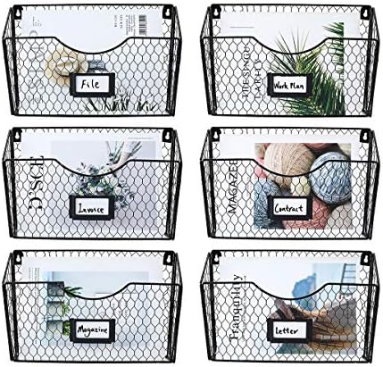 PAG-Mass 6 Pockets Hanging File Holder Wall Mount Mail Organizer Metal Chicken Wire Magazine Rack with Tag Slot, Black