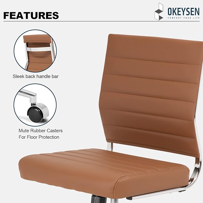 Okeysen Armless Office Desk Chair, Mid Back Leather Conference Room Chairs Without Armrests, Modern Office Chair Ribbed.