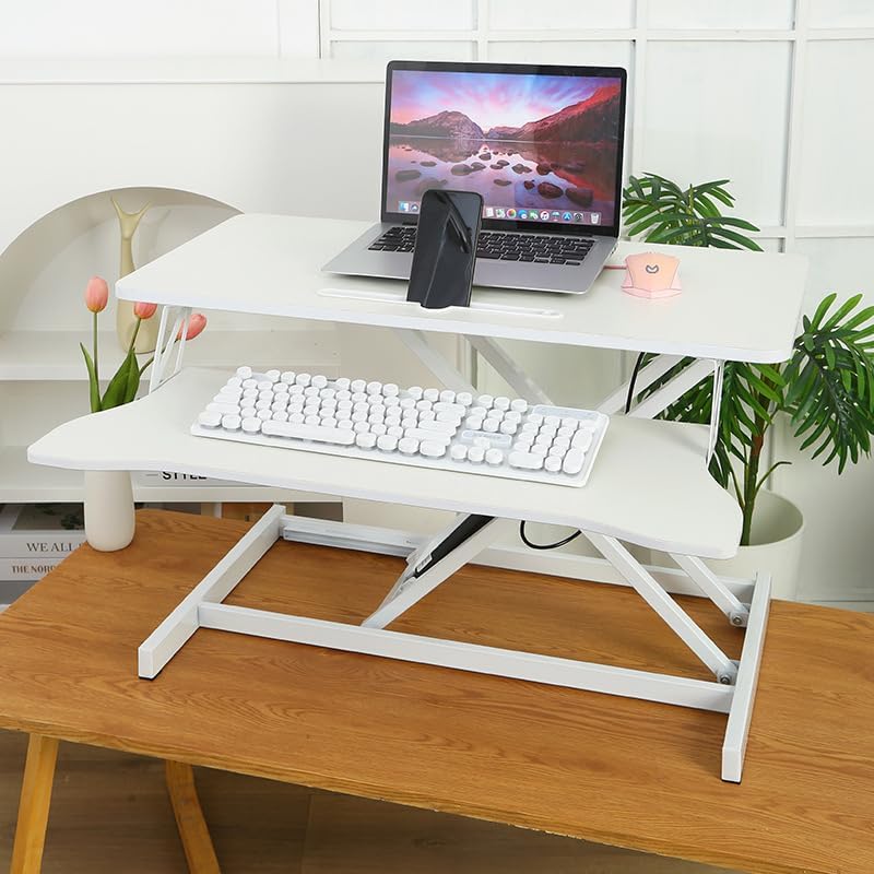 Instant Ergonomic Standing Desk Converter - 32" Wide, No Assembly, Sit-Stand Workstation for Pain Relief & Productivity (White)