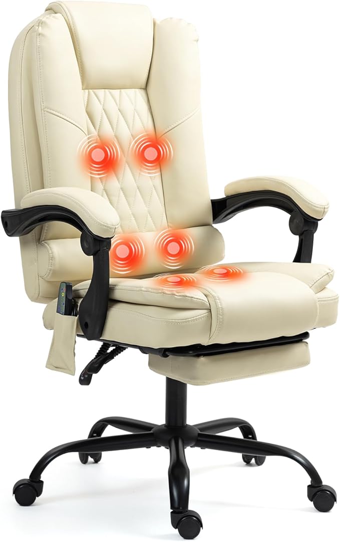6-Point Heated Massage Office Chair with Footrest, Ergonomic Home Desk Chair with Lumbar Support, Executive High Back PU Leather Computer Chair with Armrest & Reclining, Beige