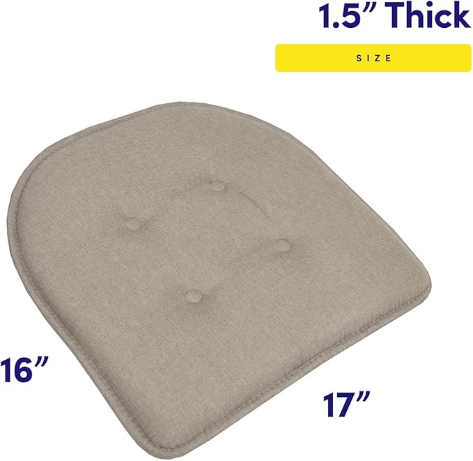 Sweet Home Collection Chair Cushion Memory Foam Pads Tufted Slip Non Skid Rubber Back U-Shaped 17" x 16" Seat Cover, Light Gray 4 Count