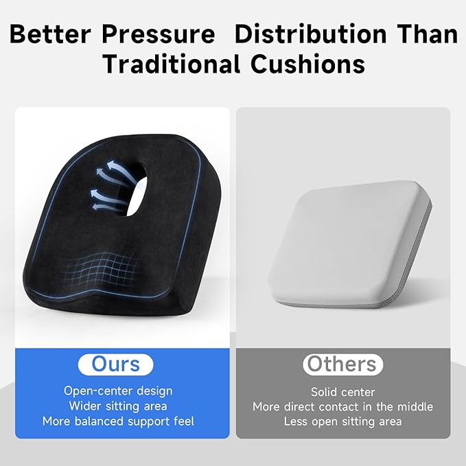 Donut Pillow Seat Cushion for Tailbone and Coccyx Comfort, Memory Foam Donut Cushion with Center Cutout, Large Medium-Firm Chair Cushion for Long Sitting, Office Chairs & Desk Chairs, Black