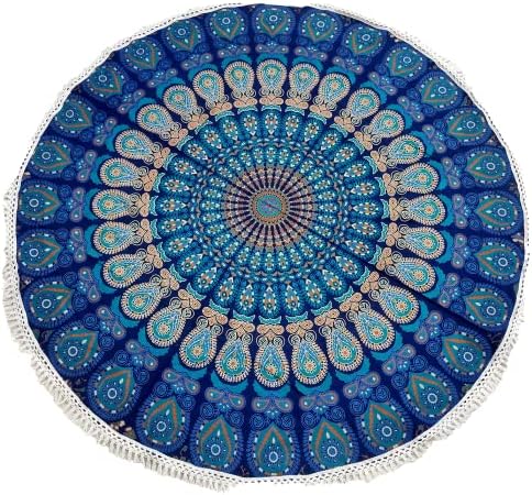 Round Beach Tapestry Turquoise Mandala Throw/Boho Hippie Beach Blanket Roundie/Indian Cotton Bohemian Large Round Table Cloth-Home Decor/Yoga Mat Meditation Picnic Rug (70", Blue)