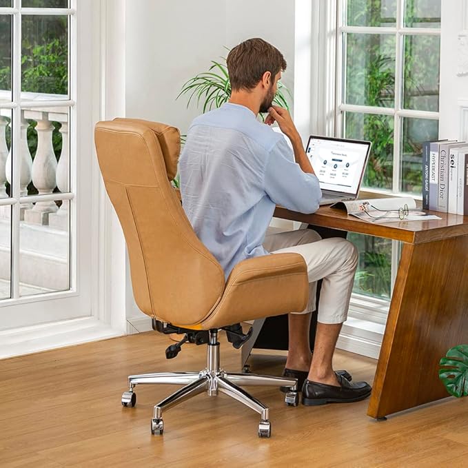 Glitzhome Adjustable High-Back Office Chair Executive Swivel Chair PU Leather Desk Chair, Camel