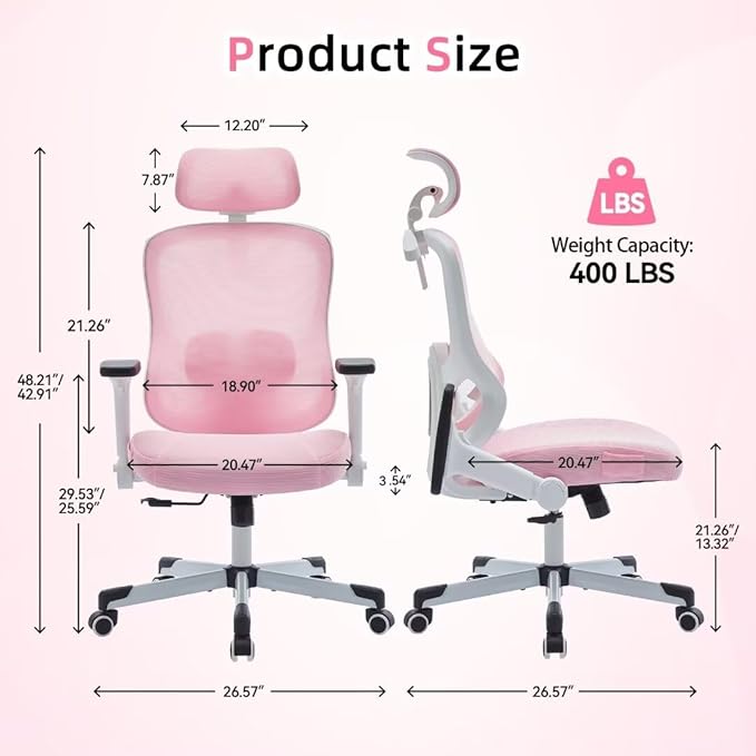 Ergonomic Office Chair Big Tall Reclining Gaming Chair Adjustable Lumbar Support 6D Armrest 6D Headrest Breathable Mesh Swivel Computer Chairs Home Task Desk Chair Wheels Coat Hanger Tilt Lock Pink