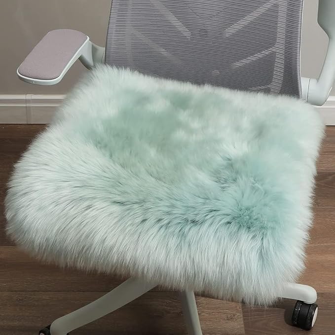 LLB Sheepskin Chair Cushion Non-Slip Back Square Genuine Fur Chair Cover Silky Natural Wool Seat Cushion Pad Soft Area Rugs Carpet for Home Office Restaurant Chair 18x18 Inch (Pack of 1), Milky Mint