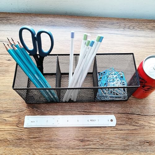 Metal Mesh Pencil Holder, Spacious 3-Compartment Desk Organizer for Pens, Makeup Brushes, Utensils, Multipurpose Office, School ,Kitchen, Home Desktop Storage, 10.43 x 3.35 x 4.04 Inches, Black
