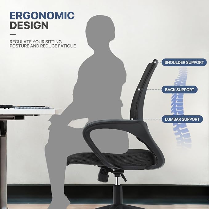 MoNiBloom Mesh Office Chair, Ergonomic Computer Chair for Adults, Rolling Swivel Mid-Back Desk Chair with Lumbar Support, Comfy Armrest for Home Office, Gaming, Black