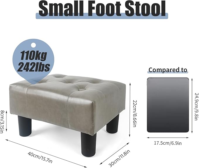 BRIAN & DANY Small Foot Stool, Leather Foot Stools with Legs, Stable Small Footstool for Living Room, Grey
