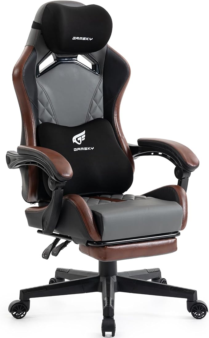 Ergonomic Gaming Chair for Adults with Footrest - PU Leather Computer Gamer Chair with Memory Foam Headrest & Lumbar Pillow, Reclining Silla Gamer Video Game Chair for Home Office, Black & Grey