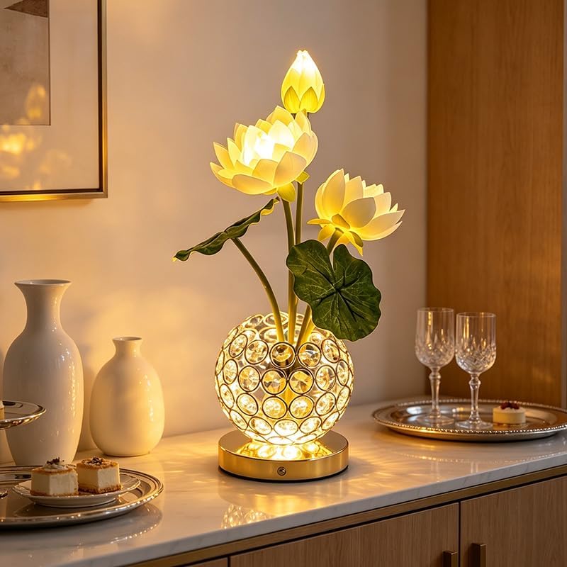 Lily Flower Lamps, Rechargeable Cordless Small Desk Lamp, 3 Colors Dimmable Artificial Flowers Night Light, Fake Bouquet 3 Lilies with Crystal Vase for Home Date Party Decoration (White - Lotus)