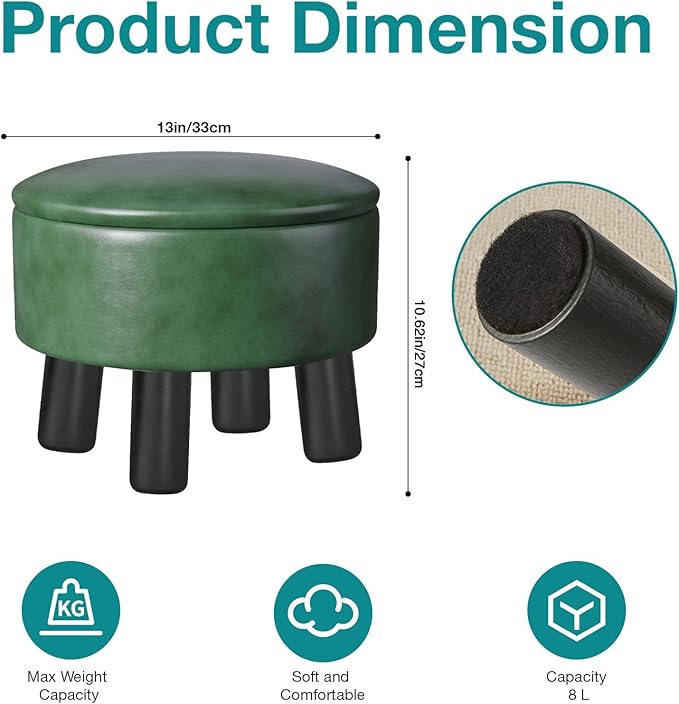 Small Foot Stool Ottoman with Storage, Faux Leather Ottoman Foot Rest for Couch, Round Footstool Ottomans for Living Room (Green)