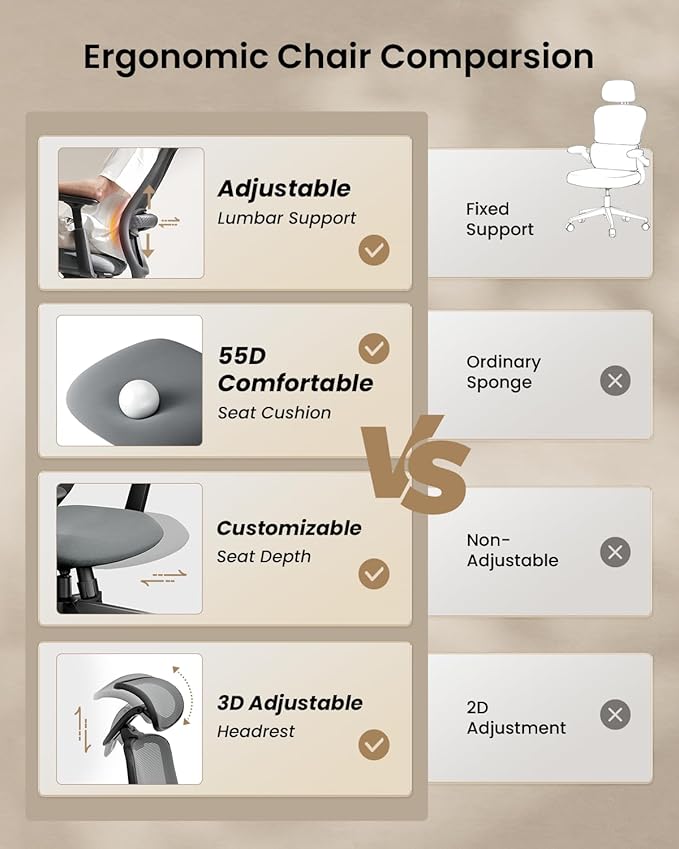 ProtoArc Ergonomic Office Chair – EC200 High-Back Mesh Computer Chair with Lumbar Support, 3D Adjustable Headrest & Sliding Seat for 8+ Hour Comfort, Big & Tall Home Office Desk Chairs - Light Grey