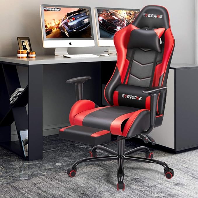 ECOTOUGE PC Massage Gaming Chair with Footrest Ergonomic Office Desk Chair Racing PU Leather Recliner Swivel Rocker with Headrest and Lumbar Pillow,Red