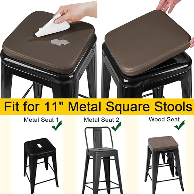 SINOSSO Modern Faux Leather Bar Stool Cushions 4 Pack, Leathaire Magnetic Small Chair Pads for Cafe Bistro Stackable Metal Stools (Square, Brown, 4)