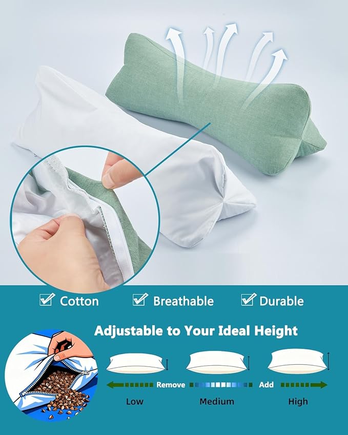 Buckwheat Neck Support Pillow - Cervical Roll Pillows for Sleeping, 15.7"x5.9" Adjustable Pain Relief Pillow with Buckwheat Hulls, Green