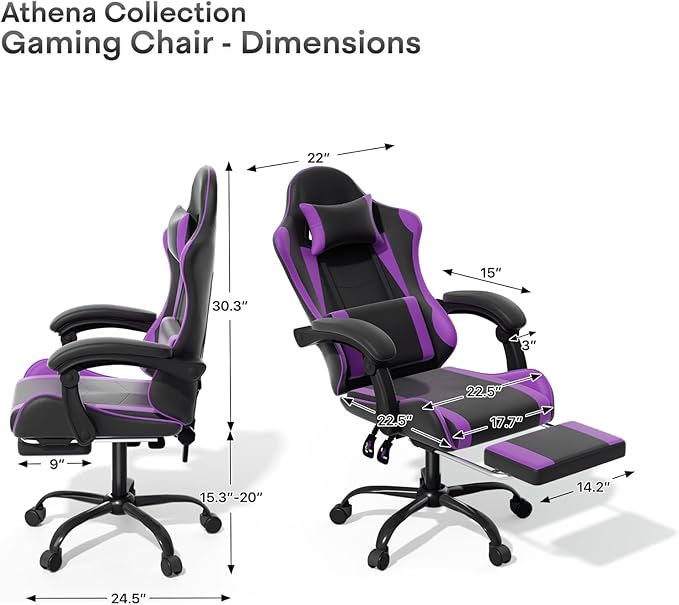 Athena Collection Gaming Chair, Ergonomic Gaming Chair with Footrest & Headrest Lumbar Support, Height Adjustable Swivel Computer Chair Office Chair for Kids Adults(Purple)