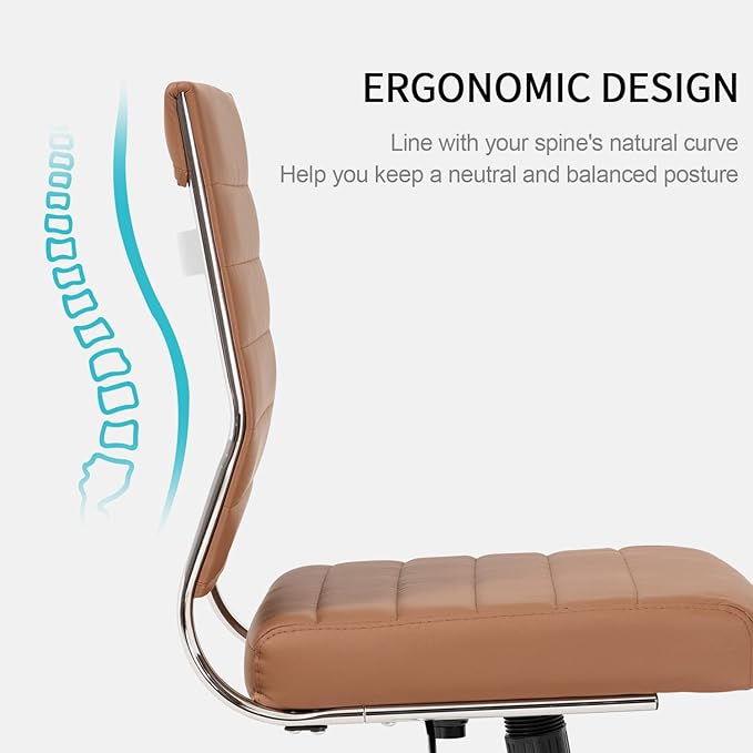 Okeysen Armless Office Desk Chair, Mid Back Leather Conference Room Chairs Without Armrests, Modern Office Chair Ribbed.