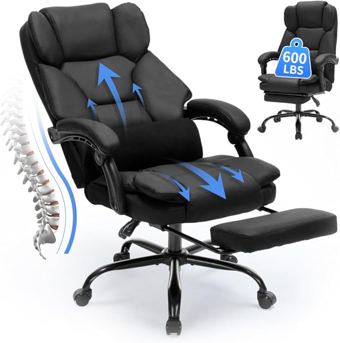 600lbs Office Chair with Footrest, Executive Chair with Padded Armrests, Reclining Desk Chair with Lumbar Support, High Back Leather Chair for Heavy People