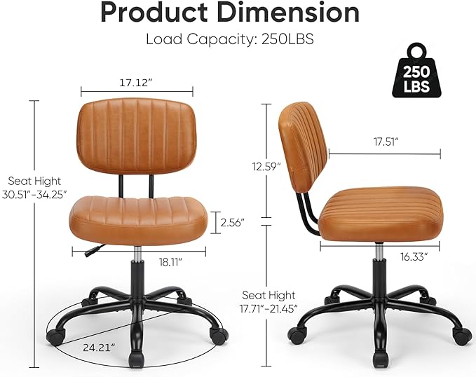 DUMOS Armless Small Home Office Desk Chair - Vanity Task Chair with Low Back, Height Adjustable PU Leather Swivel Computer Chair with 360° Rolling Wheels, Vanity, Bedroom, Deep Brown