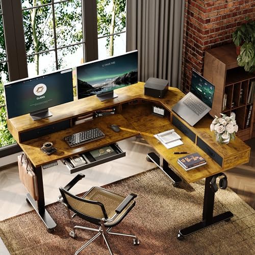 Claiks Dual Motor L Shaped Standing Desk with Drawers, 63inch, Rustic Brown